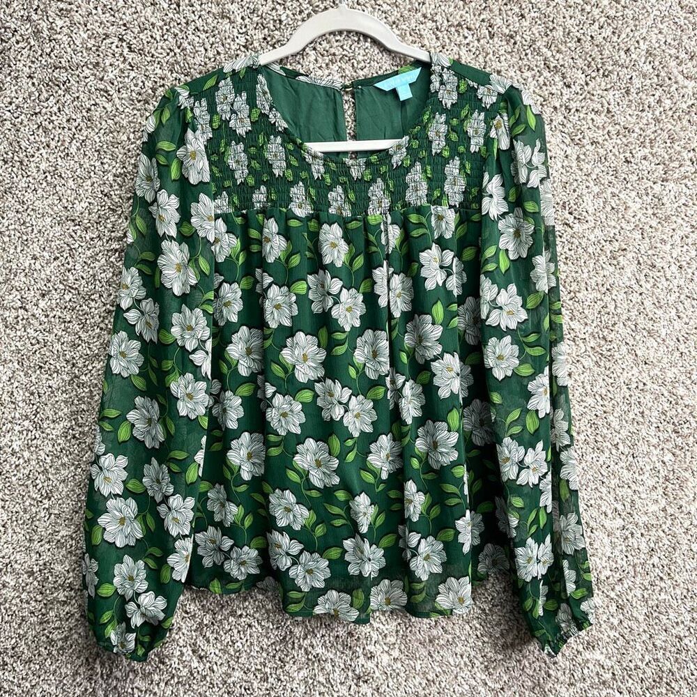 Draper James Top‎ Women’s Large Green Floral Print Long Sleeve Blouse